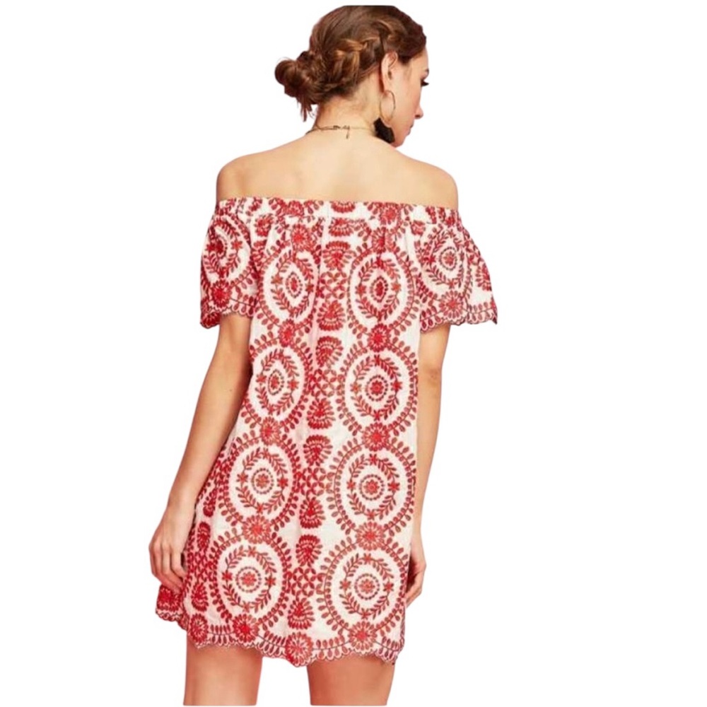 Entro red and white fully floral embroidered off the shoulder mini dress - Picture 2 of 14